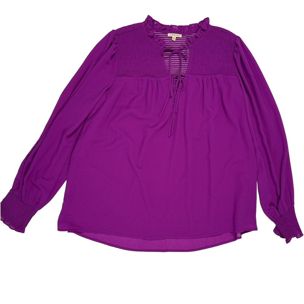 Jodifl Peasant Blouse‎ Smocked Yoke Tie Neck Boho Crepe Top